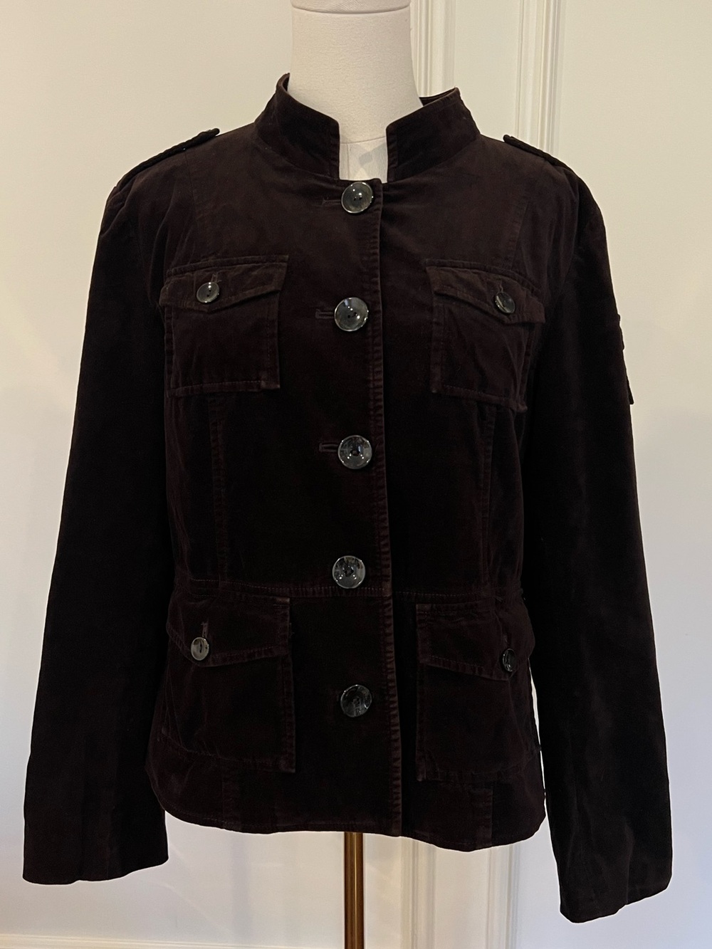 Kenneth Cole Chocolate Brown Velvet Military Jacket Y2K Officer Collar Sz 4
